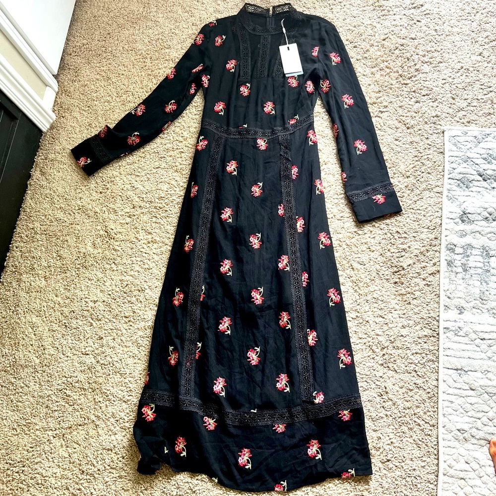 Endless Rose Black Maxi Dress with Pink Floral Embroidery